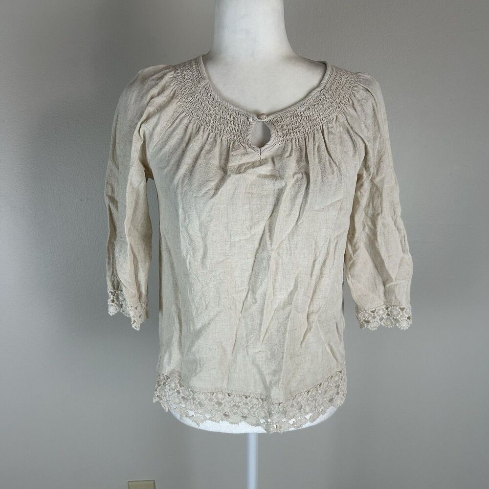 M Top Blouse Prairie Top Peasant Poet Beige Tan Boho Lace Keyhole